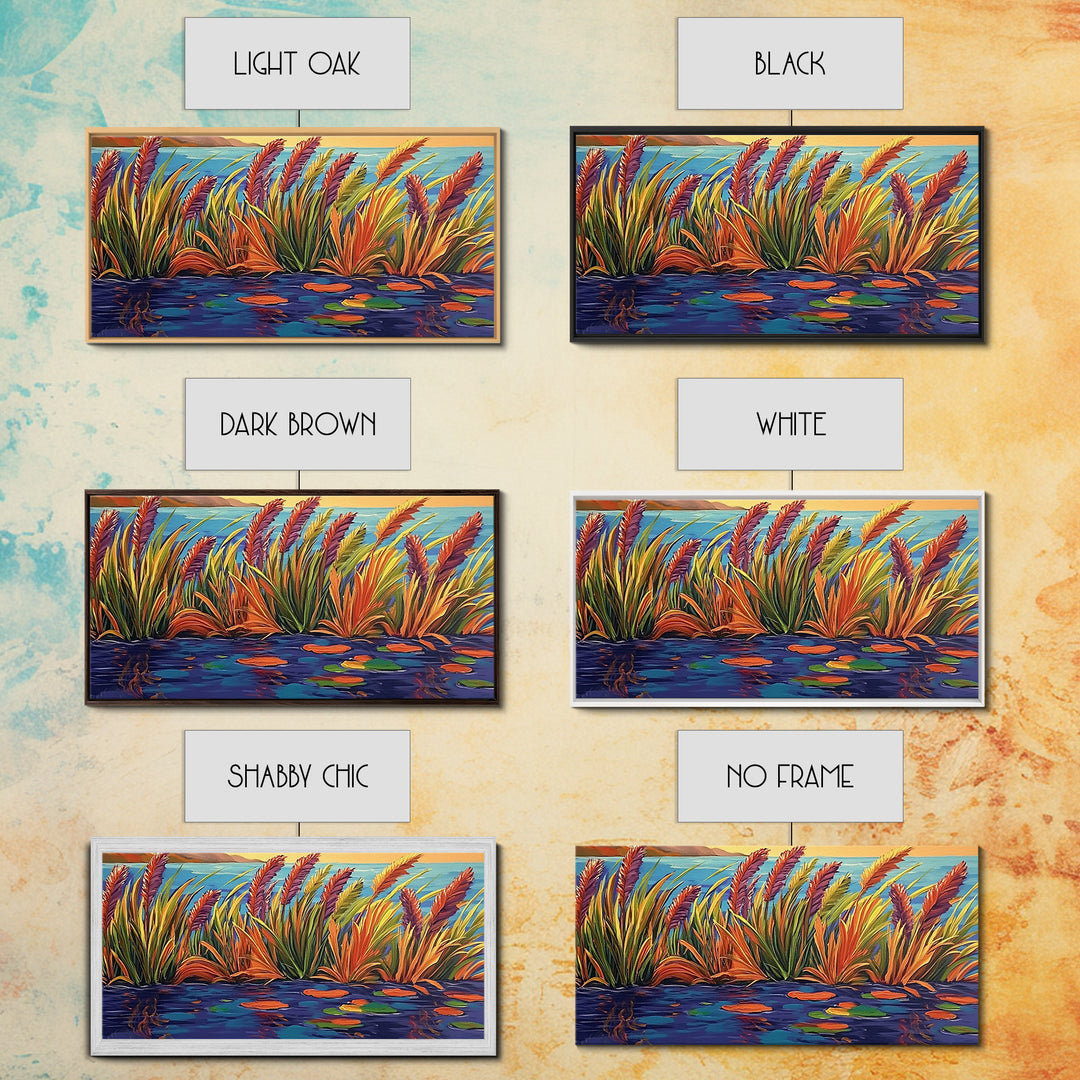 Autumn Lakeside, Grasses, Art, Framed Canvas Print, Fall coastal reed painting, rustic harvest decor, nature print, living room wall