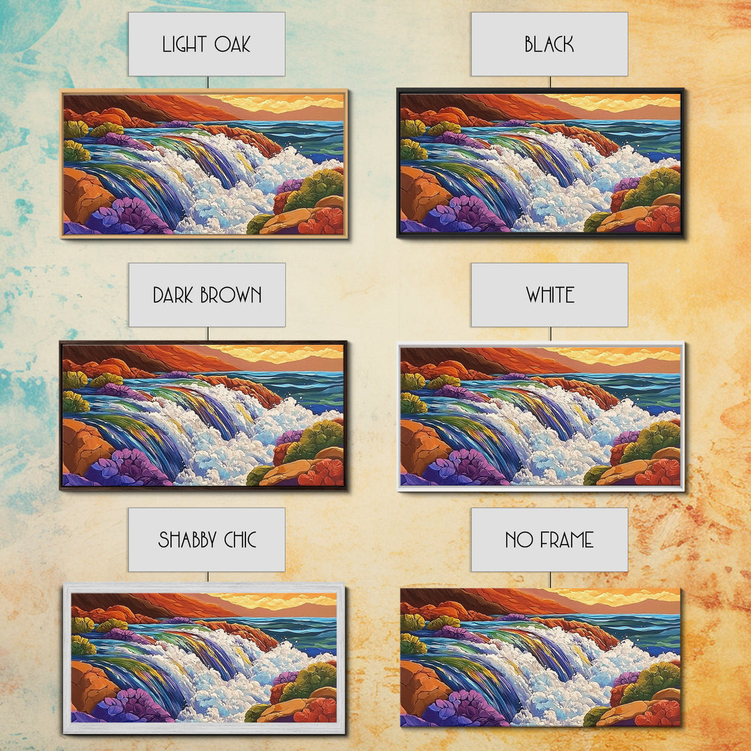 Waterfall Rainbow, Canyon, Bold, Framed Canvas Print vibrant nature bathroom decor, boho rainbow mountain wall art, fantasy print
