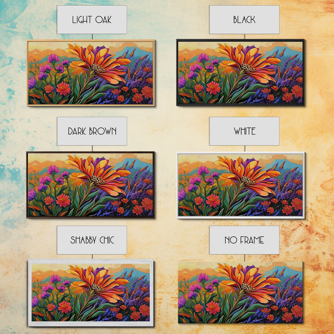 Flower Sunrise, Field, Vibrant, Canvas Print boho floral bedroom wall art, wildflower sunrise nature decor, garden field artwork