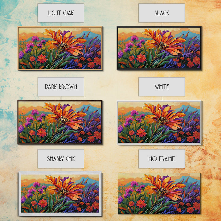 Flower Sunrise, Field, Vibrant, Canvas Print boho floral bedroom wall art, wildflower sunrise nature decor, garden field artwork