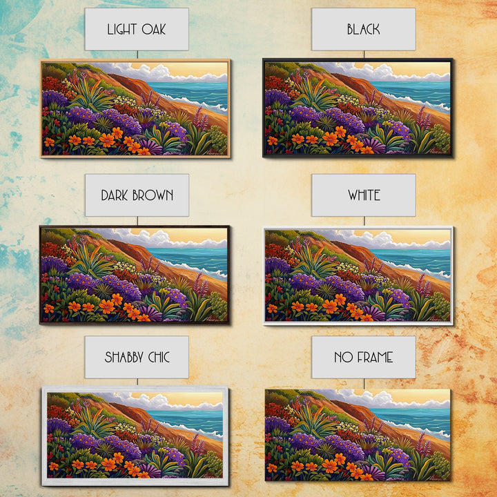 Coastal Floral, Landscape Painting, Canvas Print, vibrant beach flowers, ocean view wall decor, boho style Living Room Wall Art