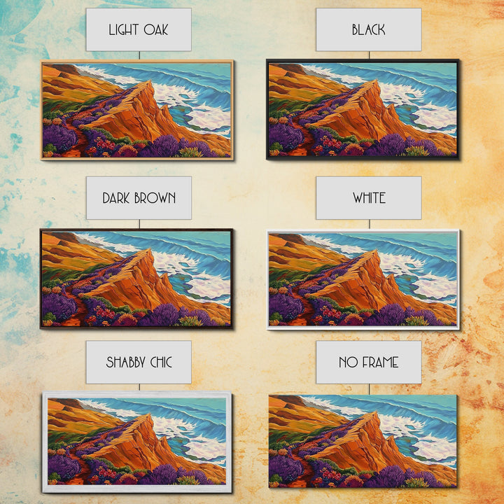 Cliff Flowers, Ocean Horizon, Framed Canvas Print, bold floral bluff, coastline scene, vibrant scenic Kitchen Wall Art, boho decor