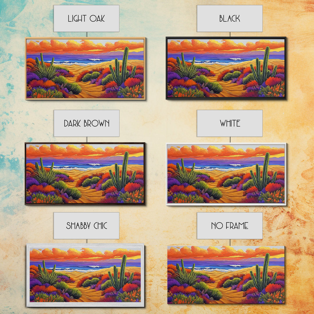 Cactus Sunset, Desert Painting, Framed Canvas Print, vibrant desert coastline, colorful flora, boho ar,t Southwest Style Entryway