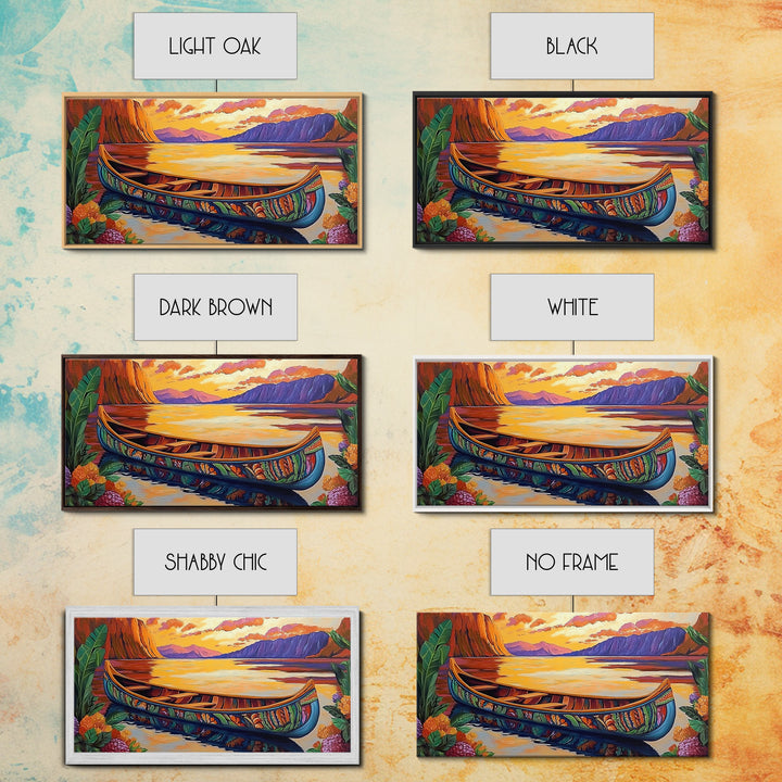 Canoe Tropical, Sunset Reflections, Serene Waters, exotic island Framed Canvas Print, tranquil boho decor, lakehouse wall art