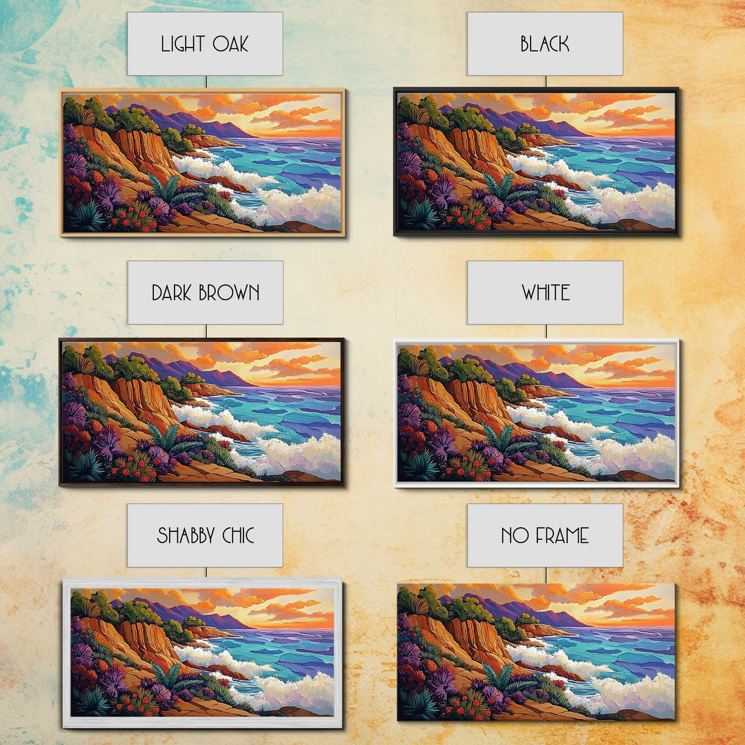 Ocean Cliffside, Sunset, View, Framed Canvas Print vibrant coastal nature artwork Living Room Wall Art beach house boho wall decor