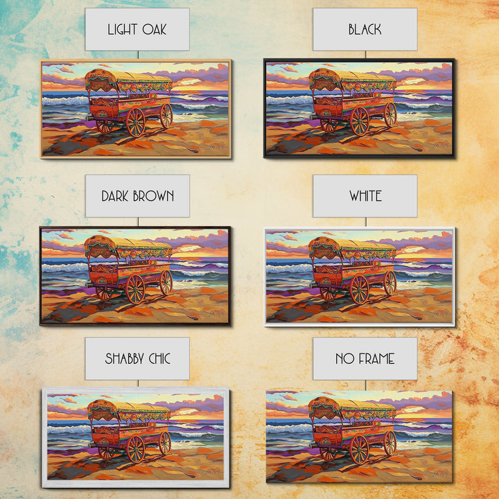 Sunset Beach, Wagon, Vibes, Coastal boho decor, colorful ocean art, Canvas Print, beach house wall art, living room sunset painting