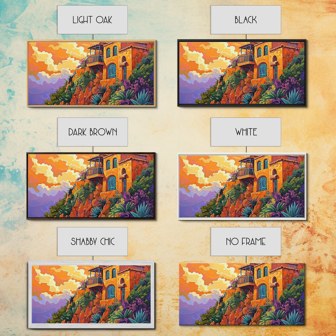 Cliffside House, Sunset, View, Desert boho mountain house, colorful Canvas Print, living room wall art, dramatic sky landscape painting