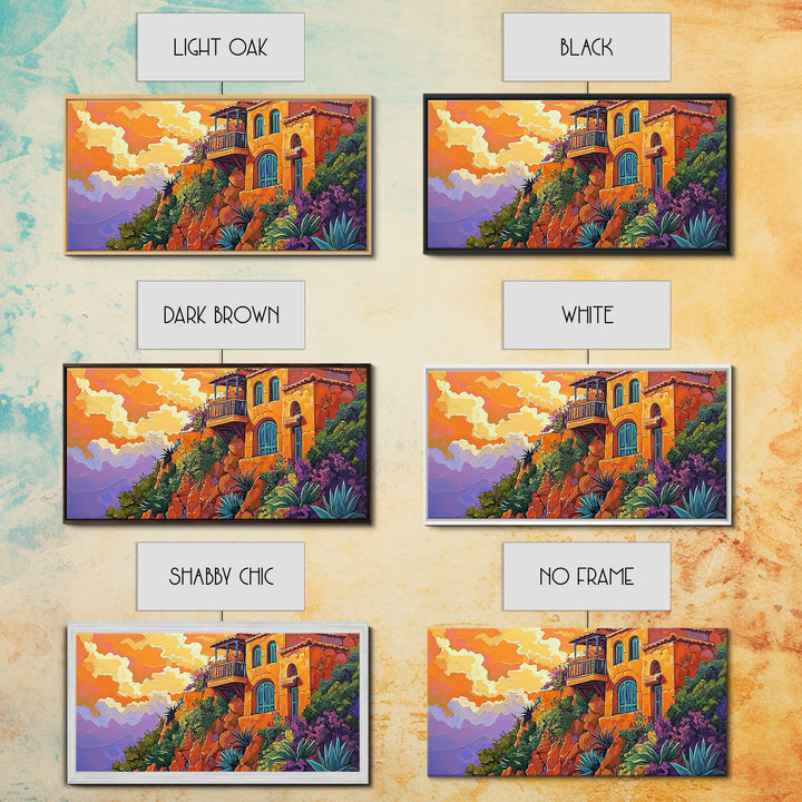 Cliffside House, Sunset, View, Desert boho mountain house, colorful Canvas Print, living room wall art, dramatic sky landscape painting