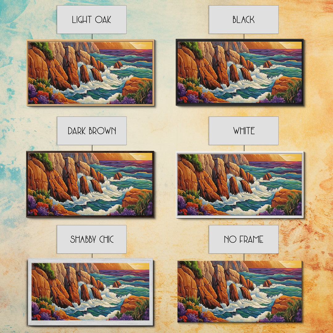 Rocks Waves, Sea, Energy, Dramatic cliff seascape Canvas Print, living room wall art, bold ocean decor, coastal energy painting