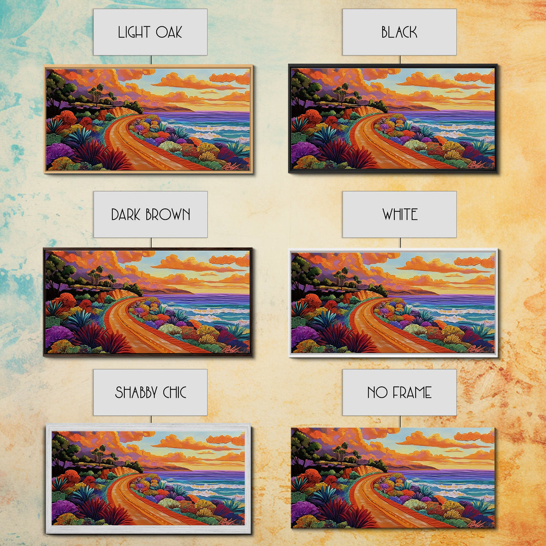 Coastal Train, Sunset, Framed Canvas Print, Vibrant coastal sunset railway painting, Colorful beachscape boho art, Hallway Wall Art