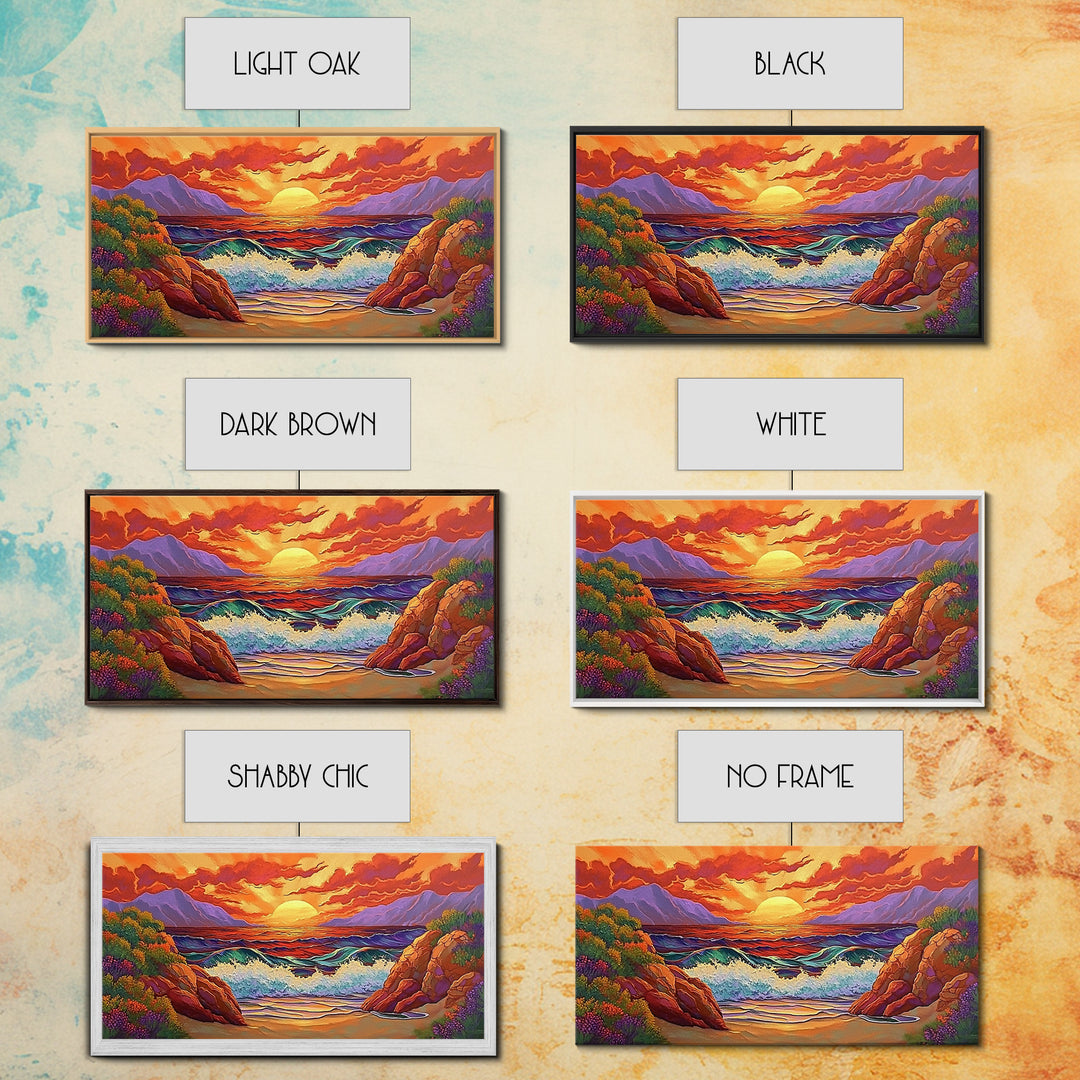 Sunset Waves, Rocks, Framed Canvas Print, Vibrant ocean sunset, crashing waves cliffs painting, Coastal Decor, Beach House Wall Art