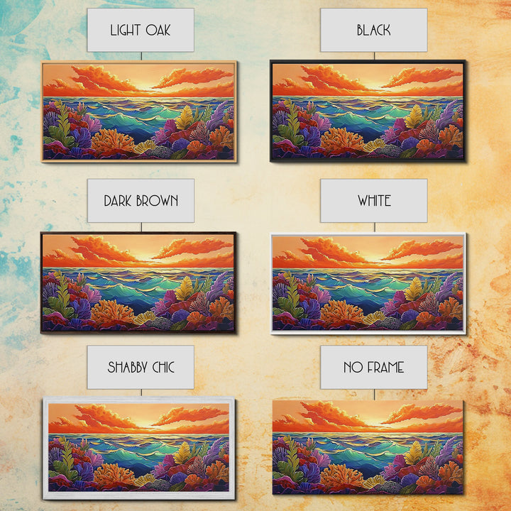 Coral Ocean, Sunset, Framed Canvas Print, Underwater coral reef at sunset painting, Ocean lover gift idea, Coastal Spa Wall Art