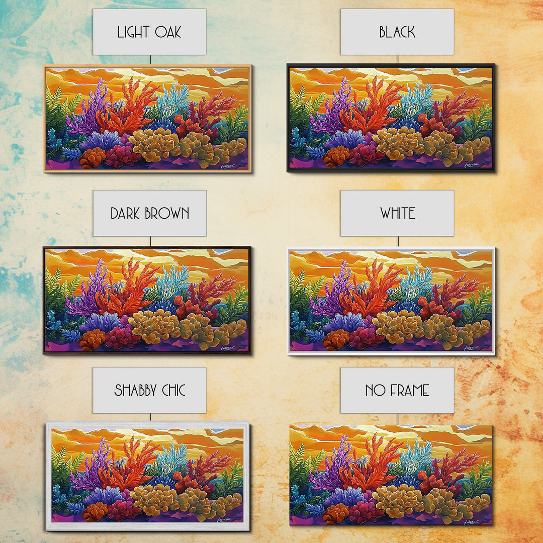 Reef Sunset, Underwater, Framed Canvas Print, Vibrant coral reef with tropical plants, sunset sky, Beachy decor, Bathroom Wall Art