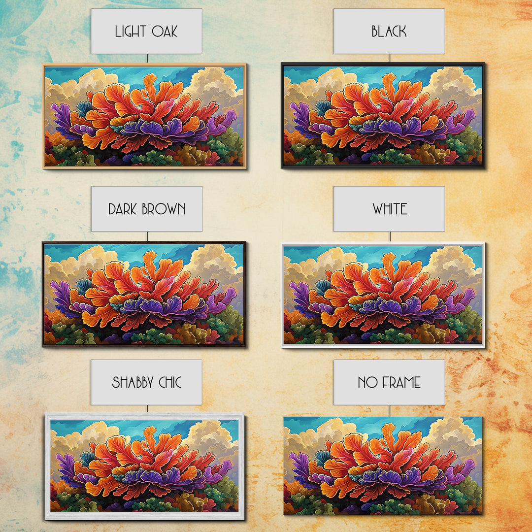 Coral Bloom, Ocean, Framed Canvas Print, Abstract blooming coral reef under dreamy sky painting, Modern Coastal Decor, Bedroom Wall Art