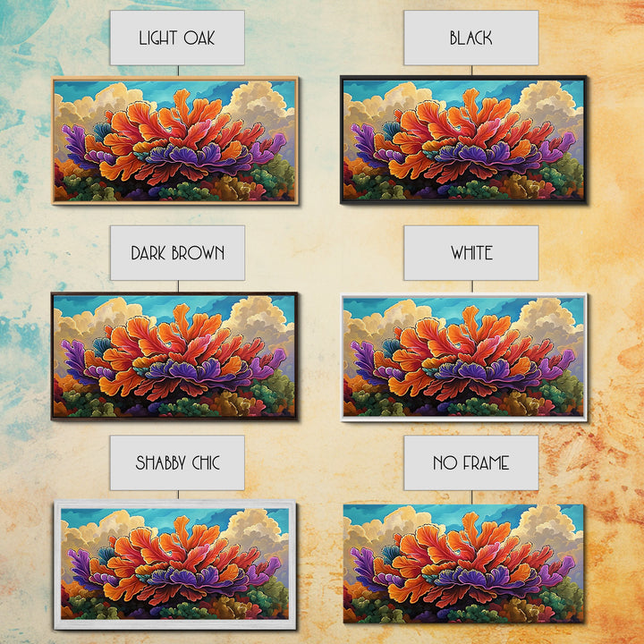 Coral Bloom, Ocean, Framed Canvas Print, Abstract blooming coral reef under dreamy sky painting, Modern Coastal Decor, Bedroom Wall Art