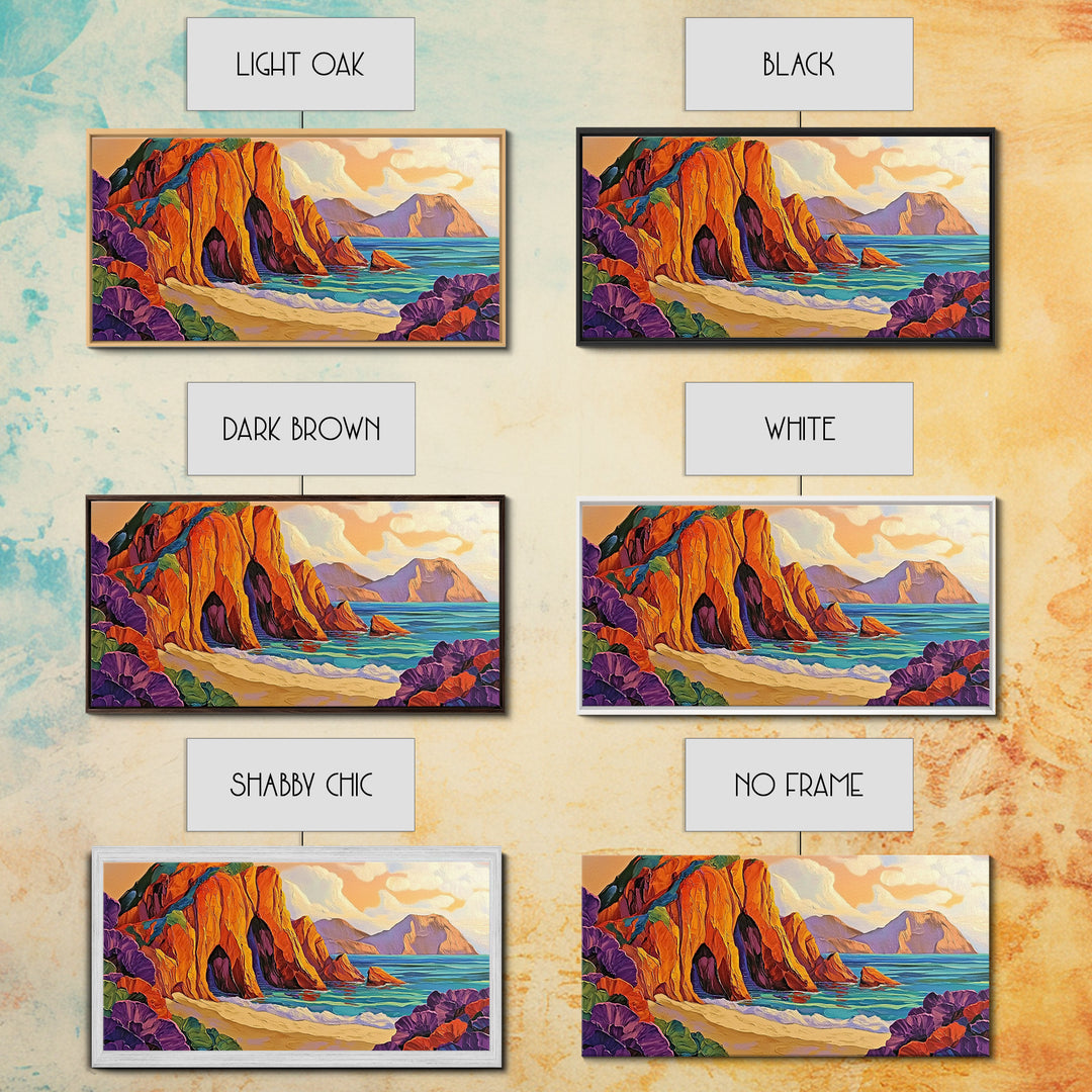 Cliffs Beach, Ocean, Framed Canvas Print, Bold textured coastal cliffs and ocean view painting, Vibrant Summer Decor, Kitchen Wall Art