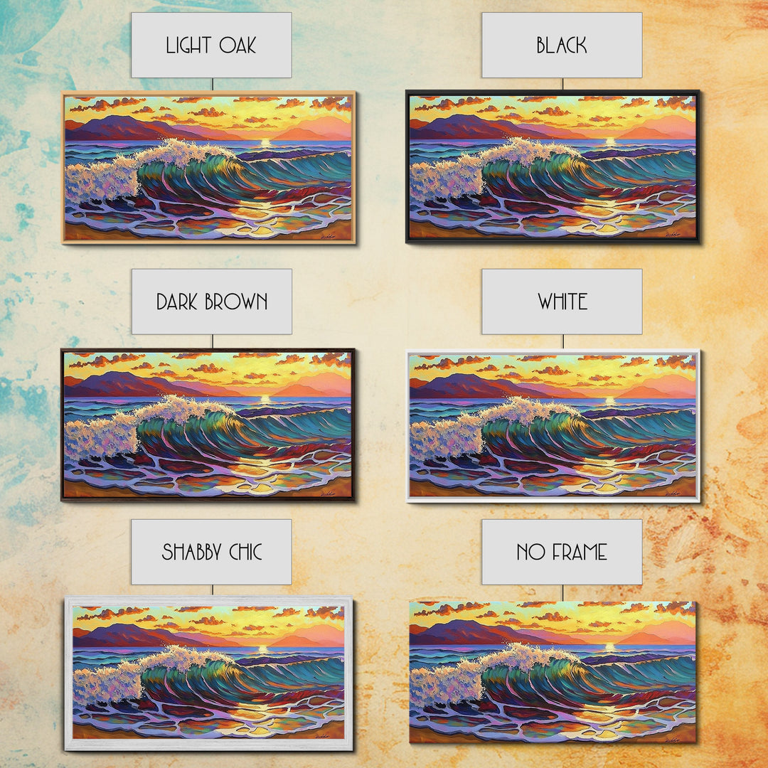 Waves Surf, Sunset, Framed Canvas Print, Colorful crashing wave with glowing sunset sky, Coastal Surfer Decor, Beach House Wall Art