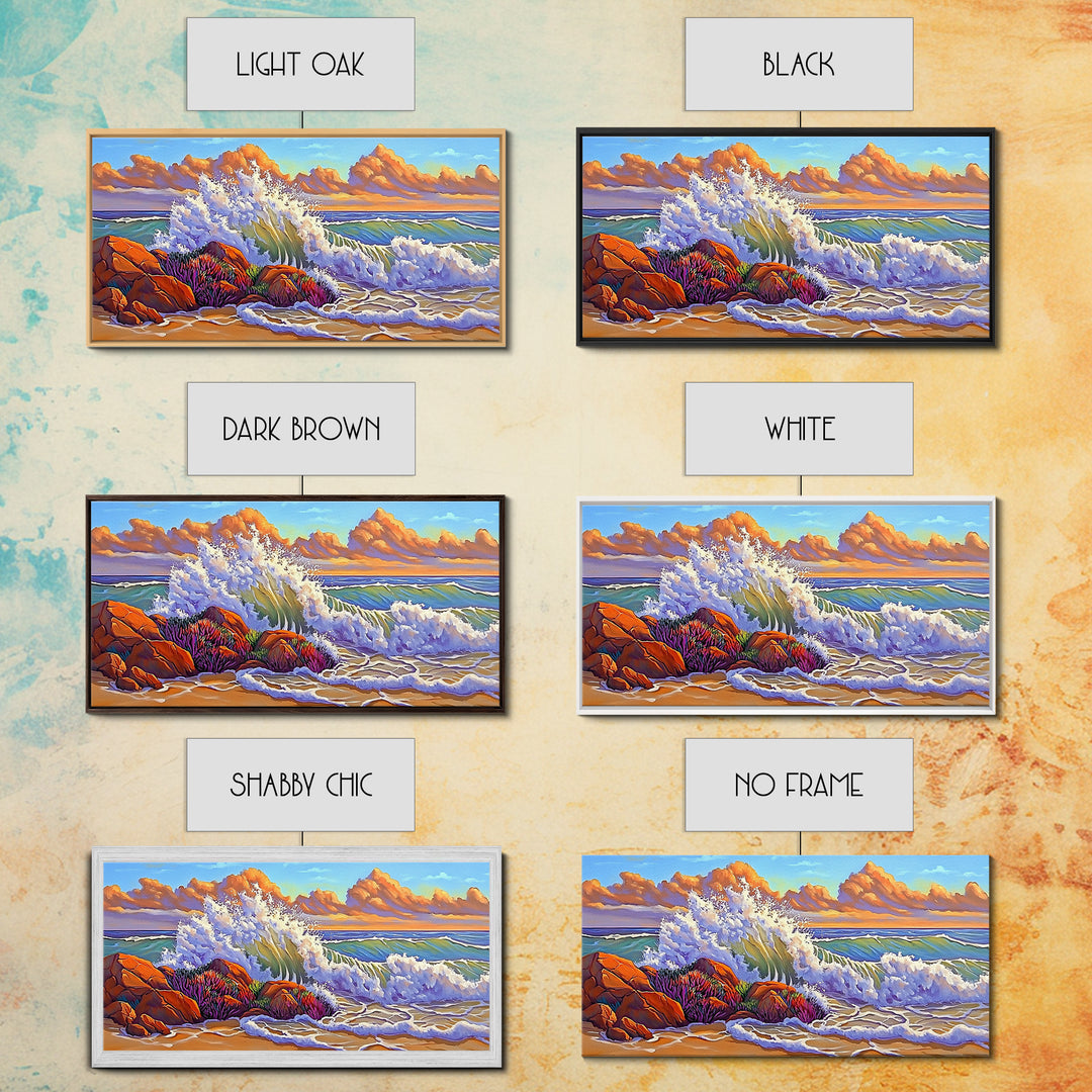 Rocks Waves, Sky, Framed Canvas Print, Majestic ocean wave crashing on rocks under golden clouds, Tropical Seascape, Coastal Living Room