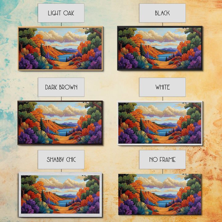 Autumn Lake, Path, Framed Canvas Print, Vibrant Fall forest trail leading to lake painting, Cozy Cabin Decor, Autumn Entryway Art