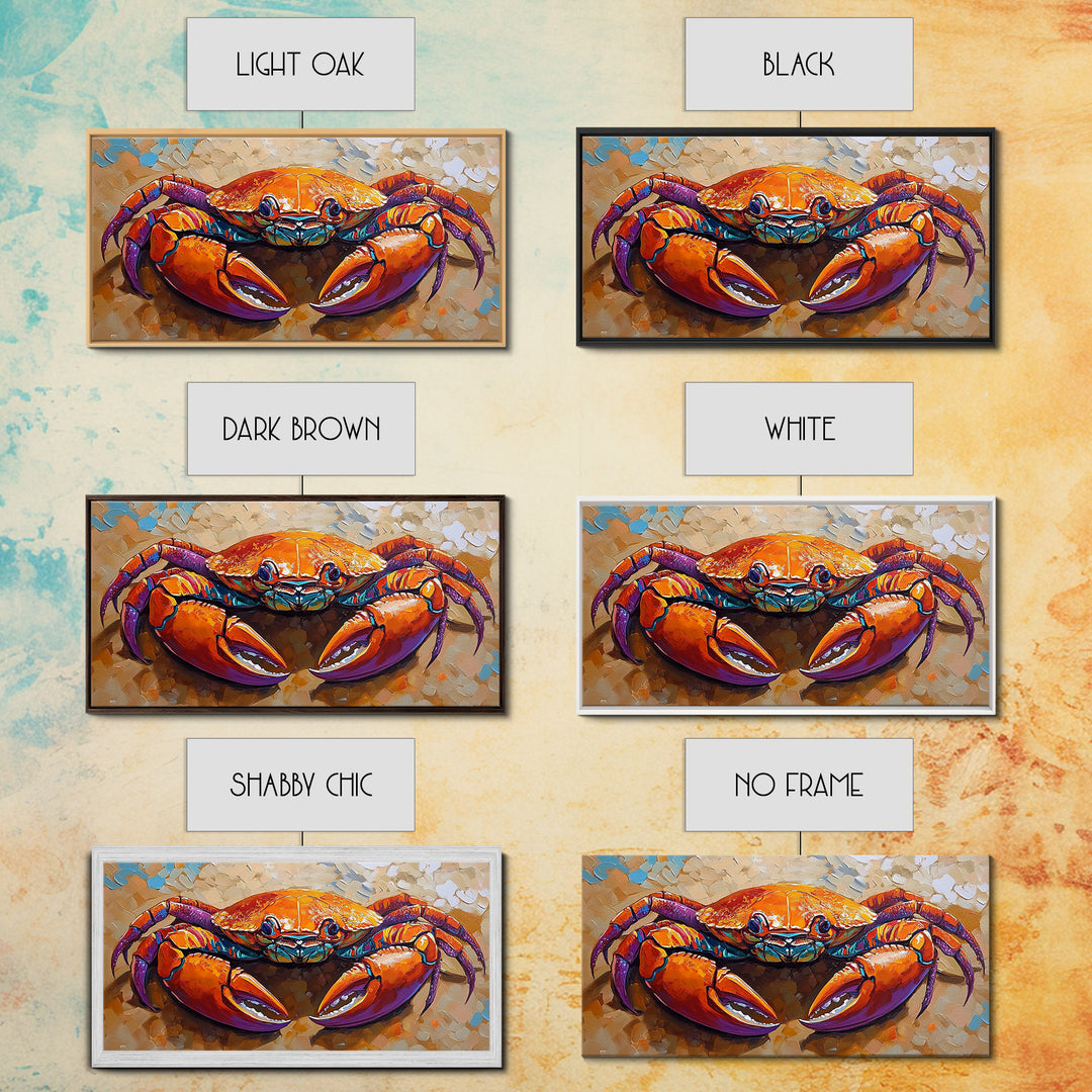 Crab Colorful, Beach, Framed Canvas Print, Brightly painted crab on sand, Ocean Kitchen Decor, Playful Beach Art, Coastal Wall Art