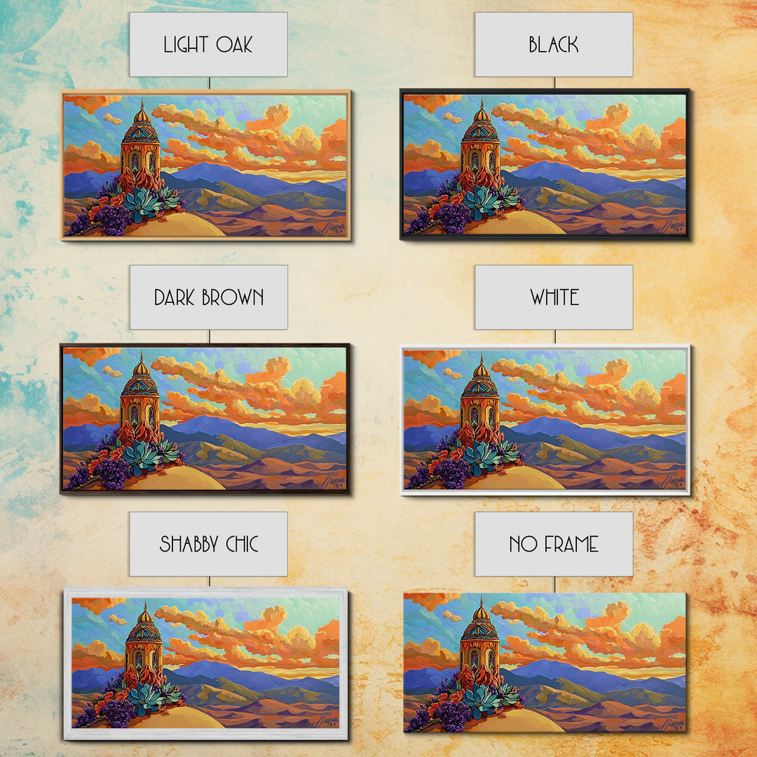 Tower Mountains, Sky, Clouds, Canvas Print, whimsical turret landscape, pastel sky art, colorful fantasy decor, study wall art