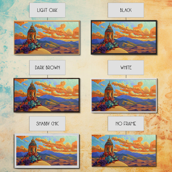 Tower Mountains, Sky, Clouds, Canvas Print, whimsical turret landscape, pastel sky art, colorful fantasy decor, study wall art