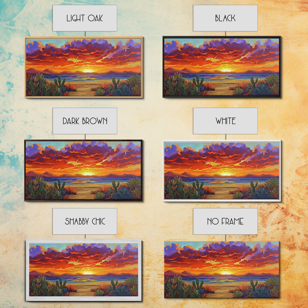 Sunset Beach, Desert, Cactus, Framed Canvas Print, vivid sunset desert beach scene, boho coastal decor, southwestern wall art