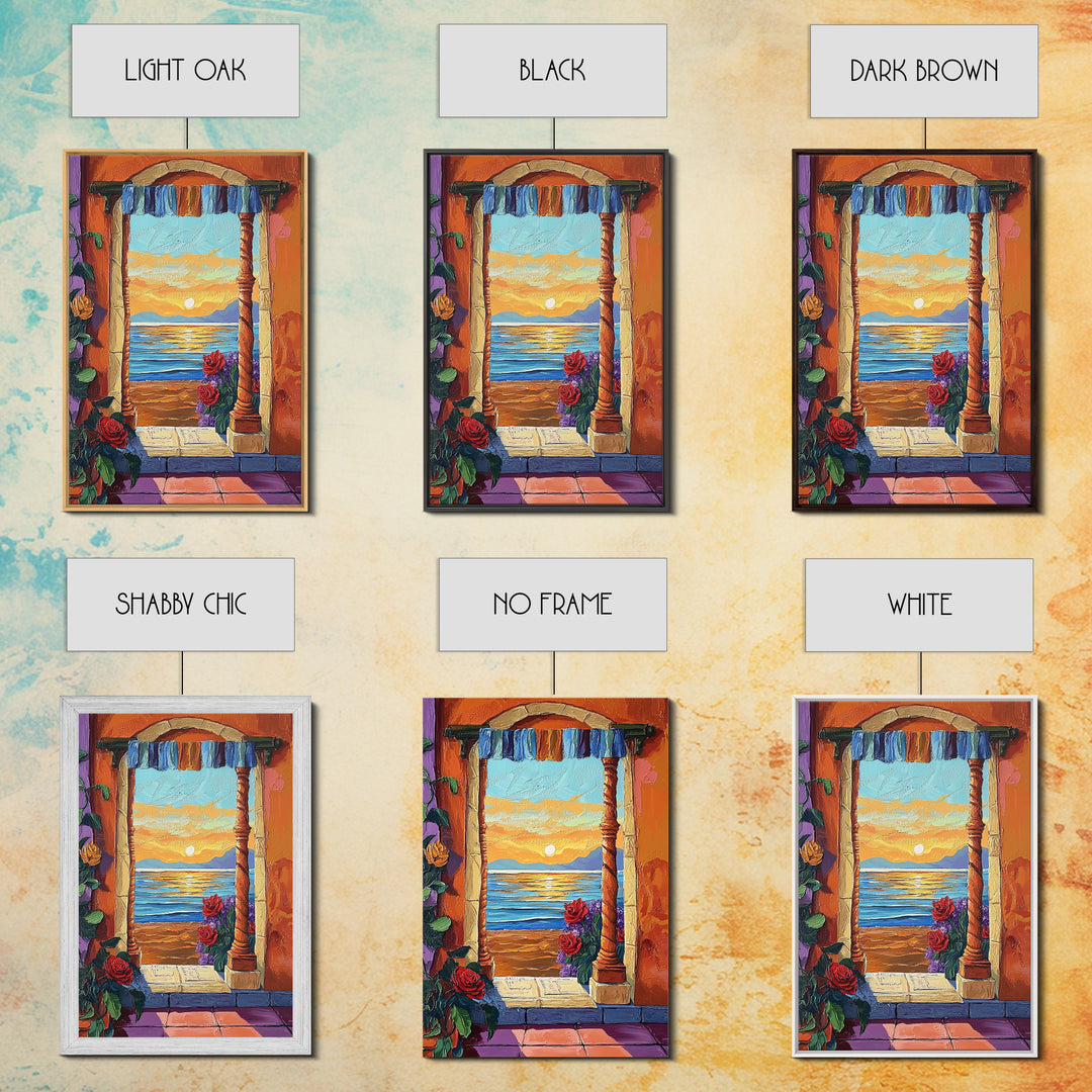 Doorway Sunset, Ocean, Romance, Canvas Print, Mediterranean seascape art, boho romantic wall decor, warm tones, Bedroom or Dining Room
