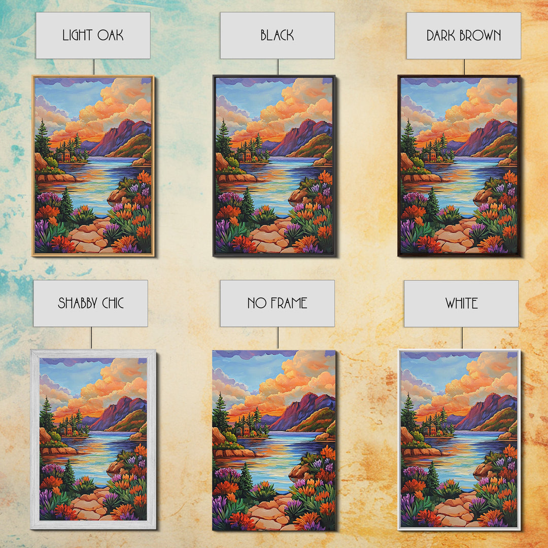 Lake Sunset, Mountains, Cabin, Framed Canvas Print, Serene mountain lake at sunset with cozy cabins, peaceful autumn living room wall art