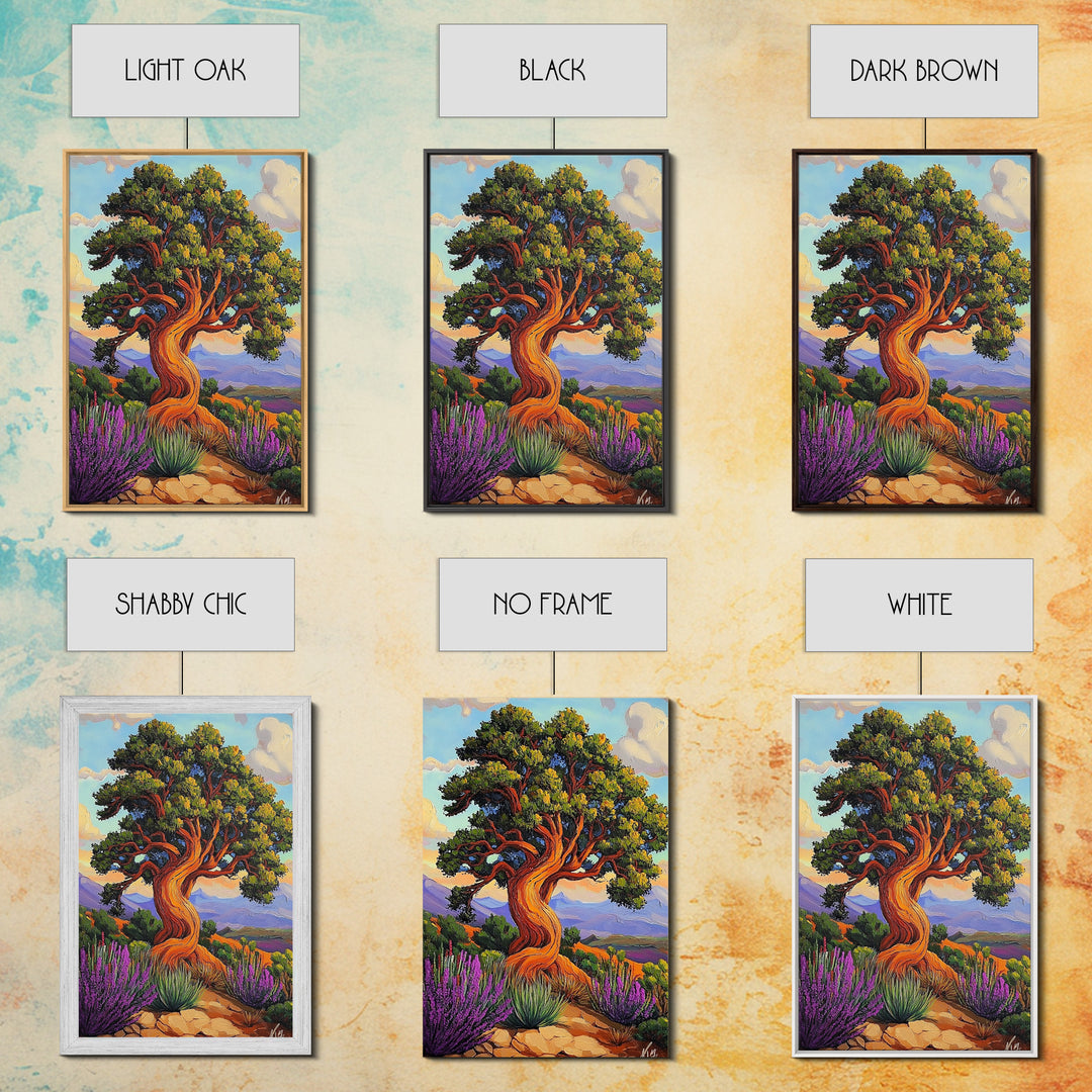 Tree Landscape, Nature, Autumn, Framed Canvas Print twisted pine tree painting, desert sunset landscape, nature wall decor, rustic boho art