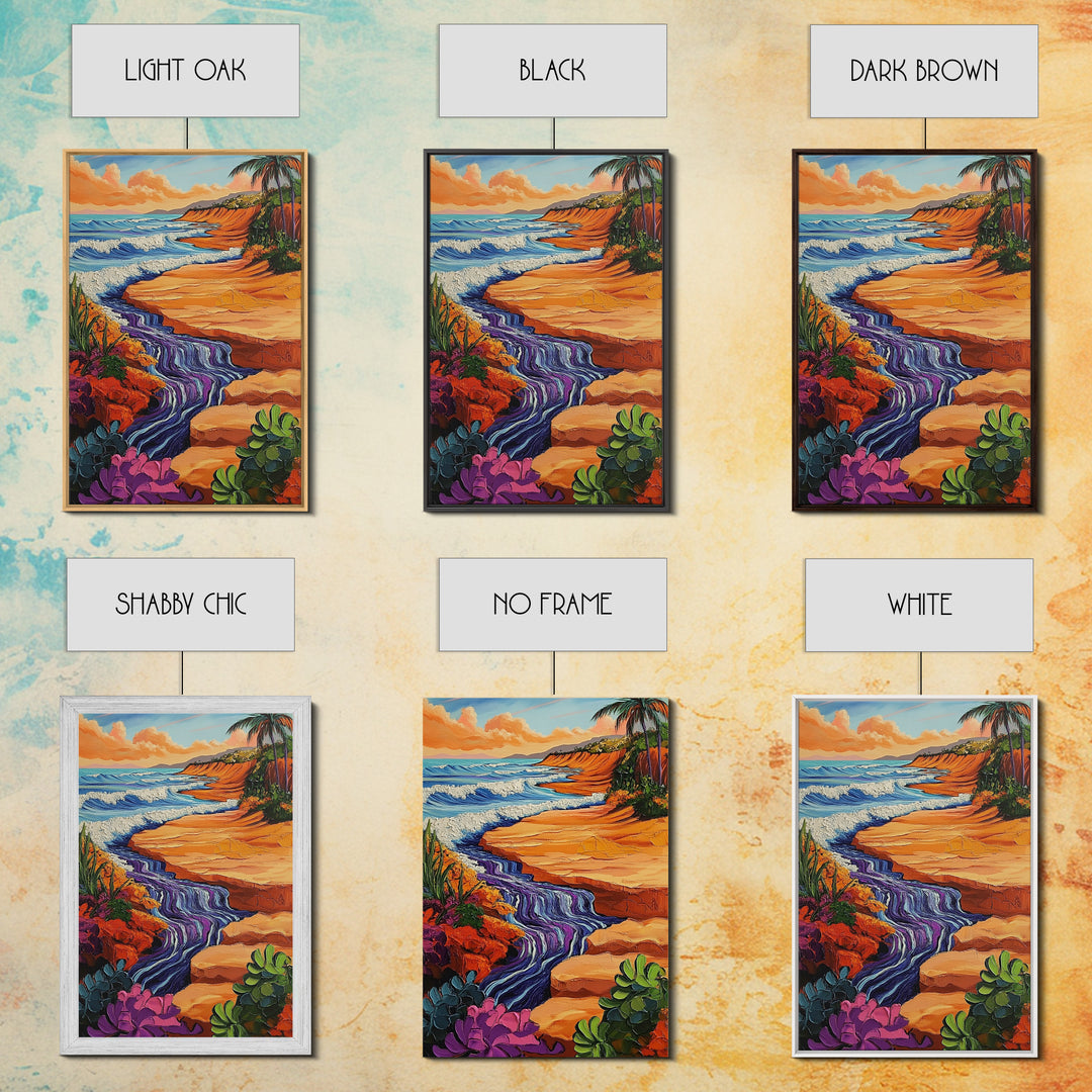 Beach Cliff, Waterfall, Sunset, Canvas Print bold beachside cliff art, ocean waterfall wall decor, coastal boho painting, living room print