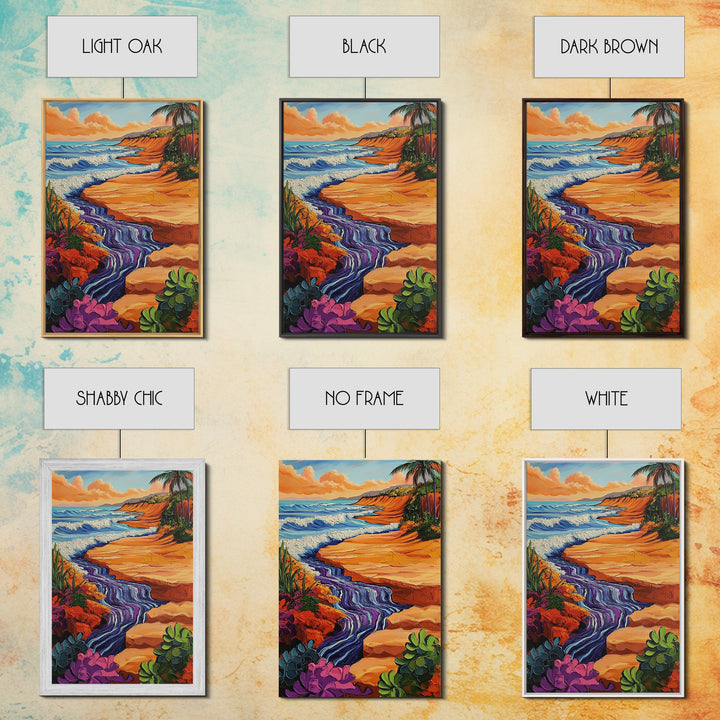 Beach Cliff, Waterfall, Sunset, Canvas Print bold beachside cliff art, ocean waterfall wall decor, coastal boho painting, living room print