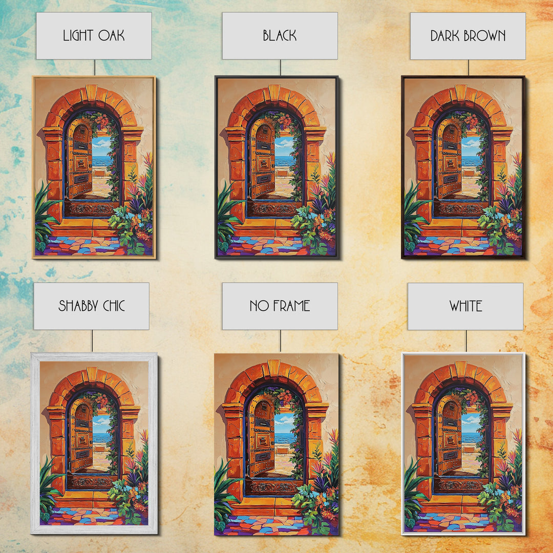 Doorway Ocean, View, Escape, Framed Canvas Print, Mediterranean coastal decor, boho travel wall art, vibrant entryway art, hallway decor
