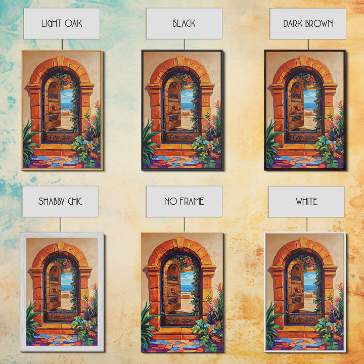 Doorway Ocean, View, Escape, Framed Canvas Print, Mediterranean coastal decor, boho travel wall art, vibrant entryway art, hallway decor