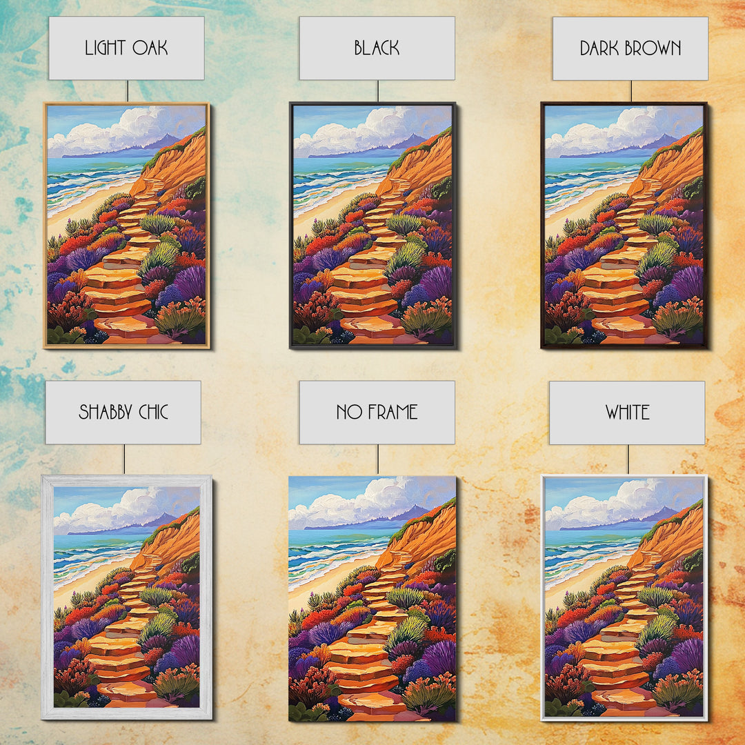Ocean Trail, Bloom, Cliffside, Framed Canvas Print, Vibrant beach path painting, floral coastal art, boho landscape wall décor