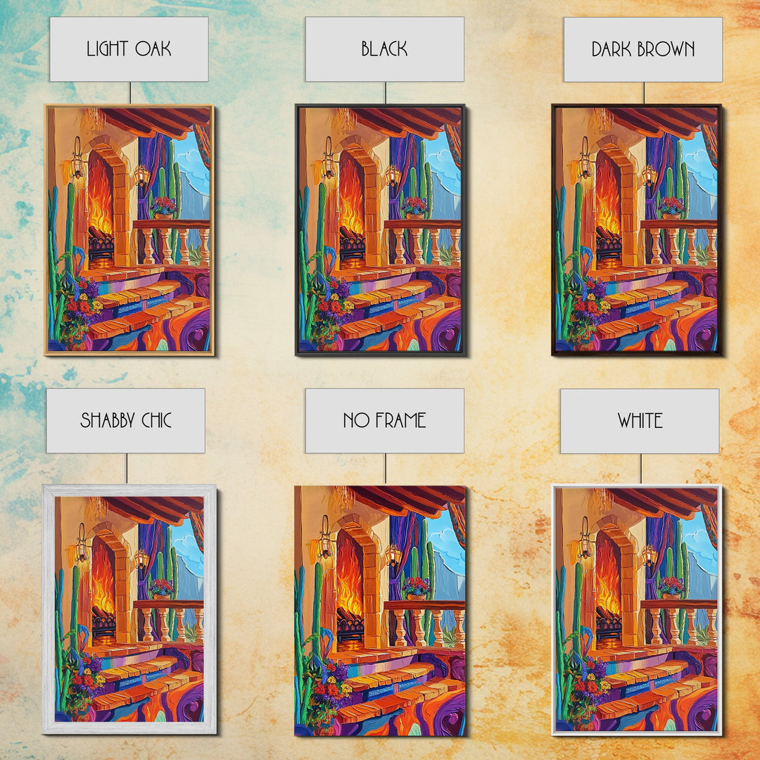 Cozy Hacienda, Fireplace, Terrace, Canvas Print, Southwestern Wall Art, Warm Interior Scene, Kitchen or Dining Room Boho Decor