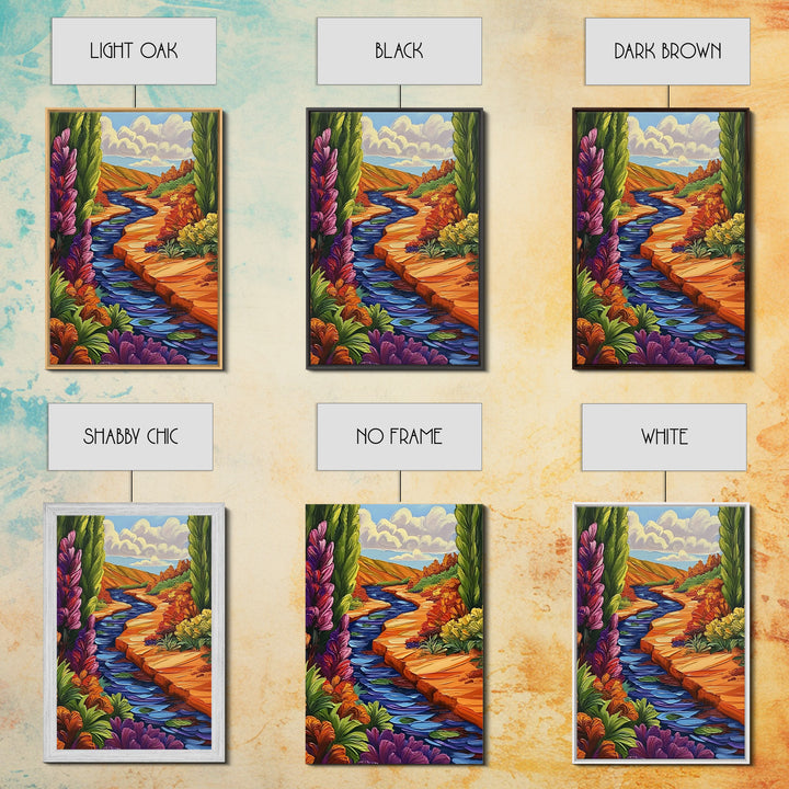 River Canyon, Fall, Flowers, Framed Canvas Print, Autumn Nature Artwork, Cozy Cabin Decor, Warm Earth Tones, Living Room Wall Art