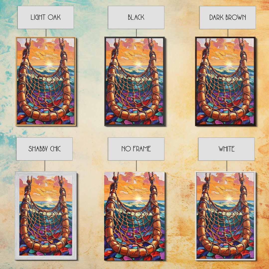 Ocean Hammock, Sunset, Boho, Framed Canvas Print dreamy hammock wall art, ocean sunset boho painting, coastal beach decor, patio art