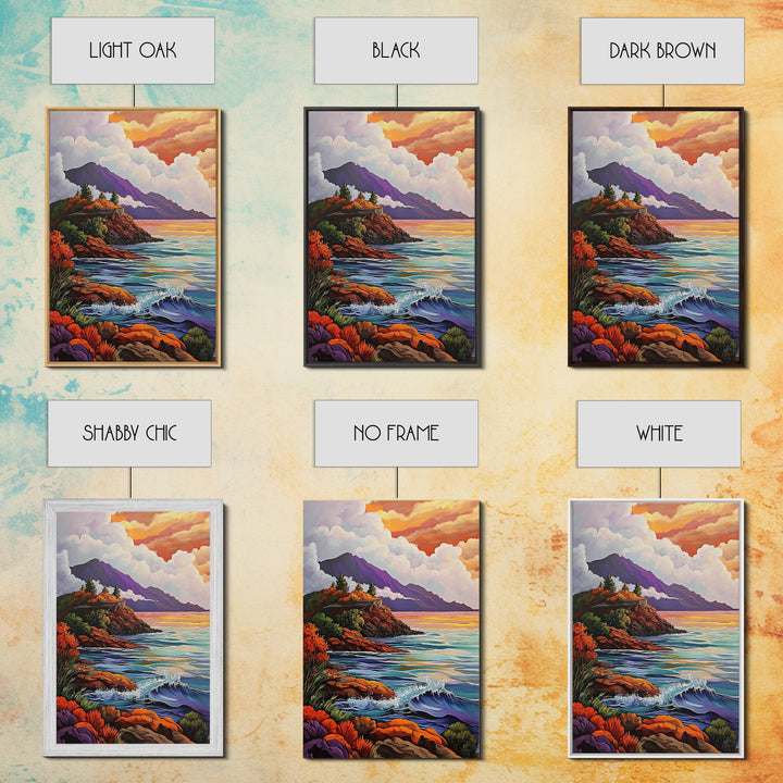 Cliffs Waves, Mountains, Autumn, Framed Canvas Print, coastal cliffs wall art, crashing waves painting, Autumn landscape, living room decor