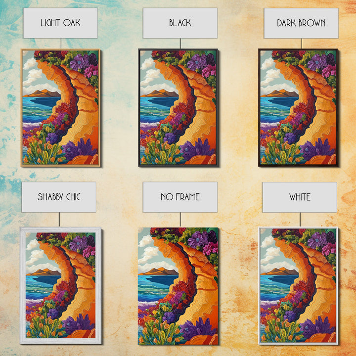 Cliffside Flowers, Ocean, Landscape, Framed Canvas Print floral coastal wall art, textured seaside painting, beach house decor, boho art style