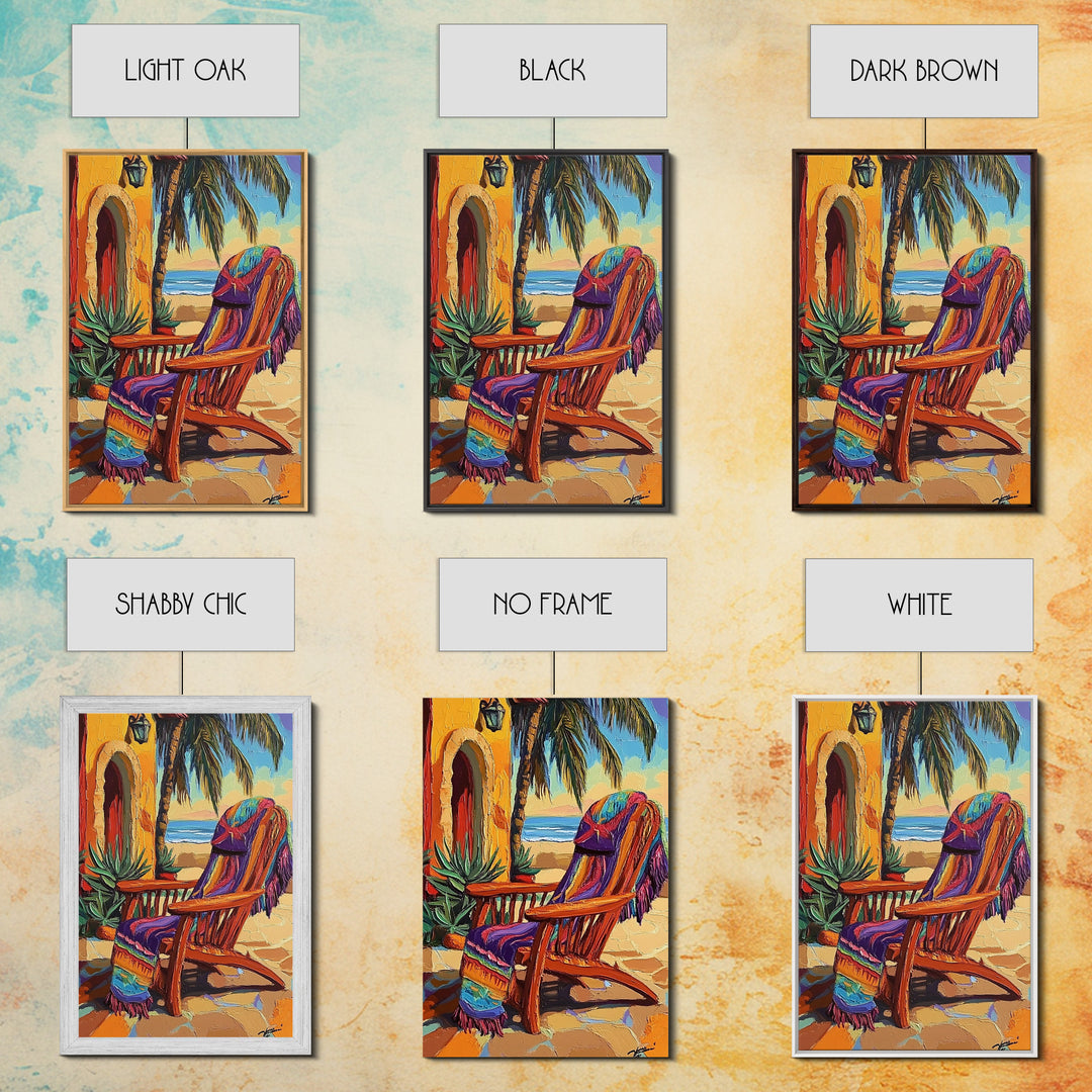 Chair Blanket, Breeze, Shore, Canvas Print, beach chair art, coastal boho decor, sunny retreat wall art, tropical relaxation, porch vibes