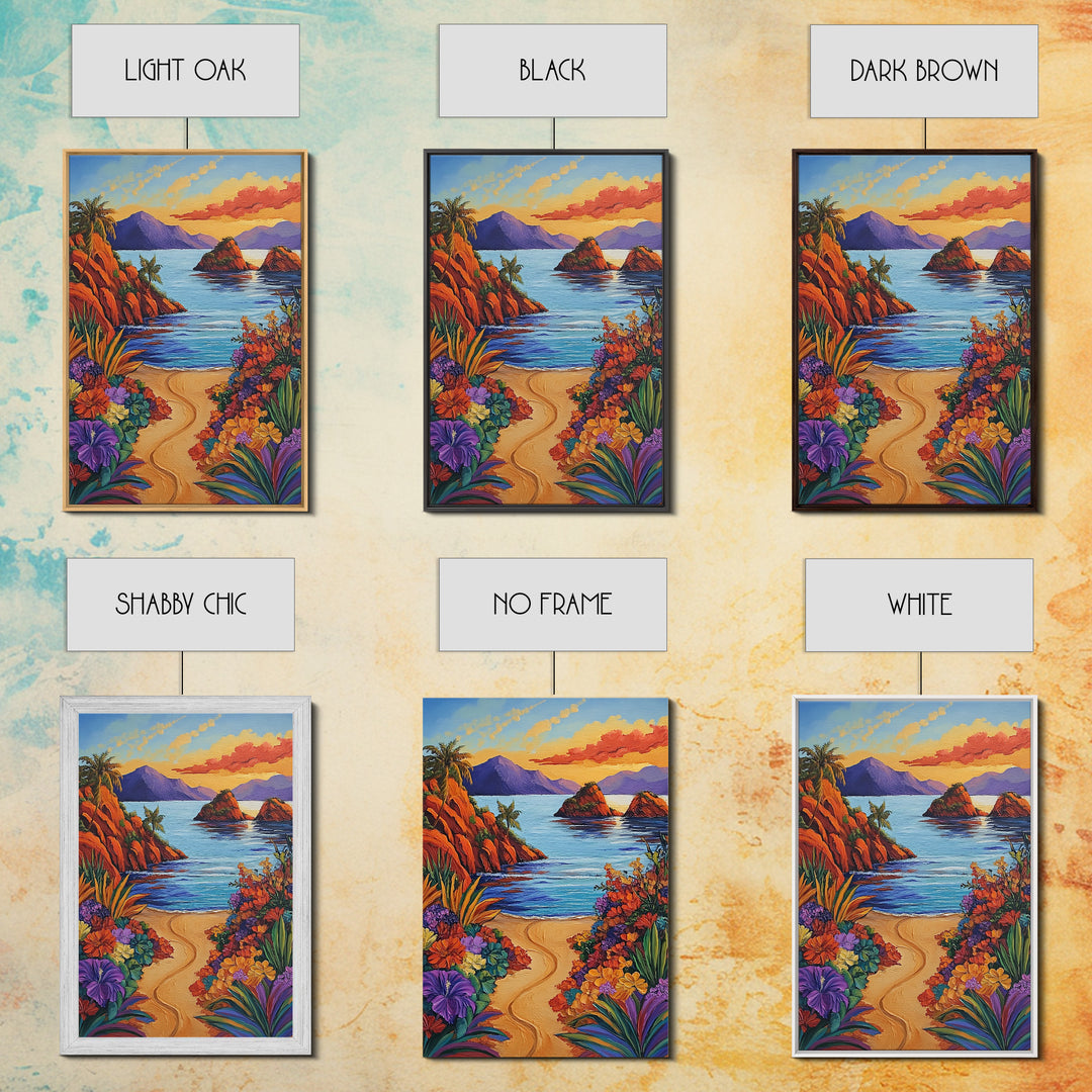 Beach, Sunset, Tropical, Floral Framed Canvas Print, Coastal Living Room Wall Art, Island Paradise Decor, Vibrant Summer Artwork