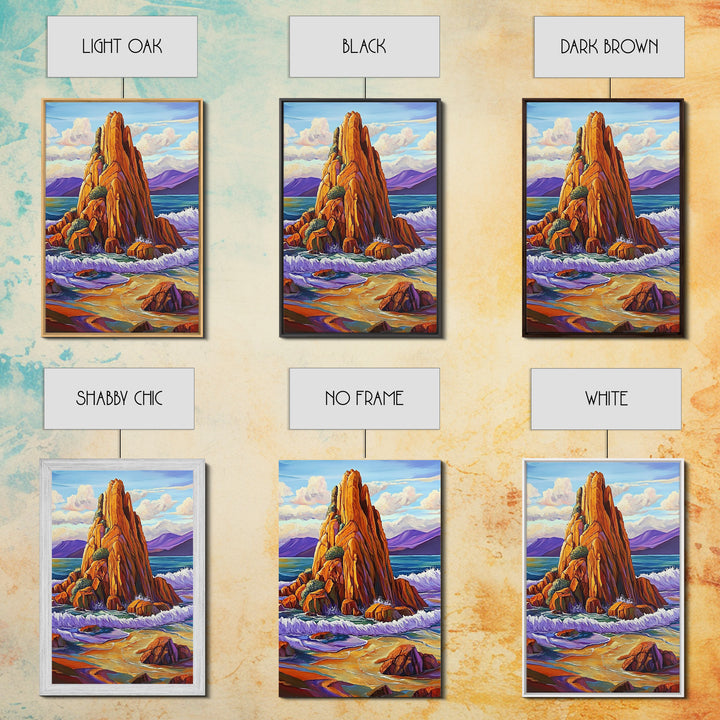 Ocean Cliff, Coastal, Bold Framed Canvas Print, Nature Inspired Bathroom Wall Art, Seaside Landscape Decor, Vibrant Rocky Shoreline