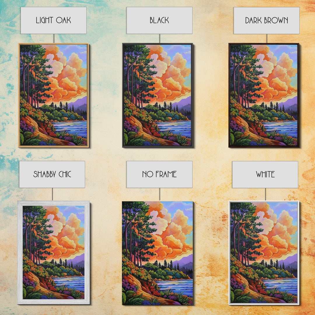 Pine Forest, Sunset, River, Framed Canvas Print, vibrant mountain art, autumn wall decor, cozy cabin wall art, rustic lodge artwork