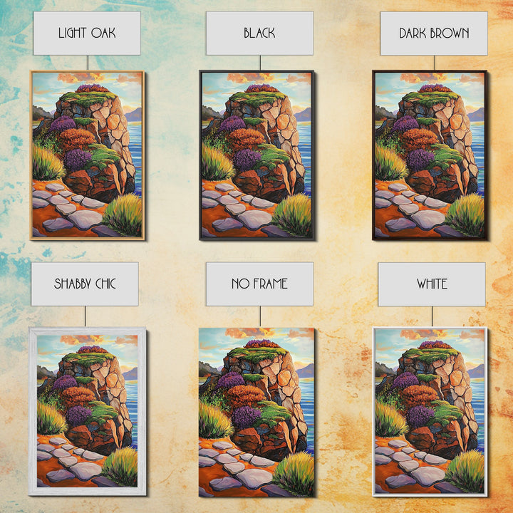 Rocky Cliff, Ocean, Wildflowers Canvas Print, Vibrant Coastal Wall Art, Hallway Nature Scene, Colorful Landscape Painting