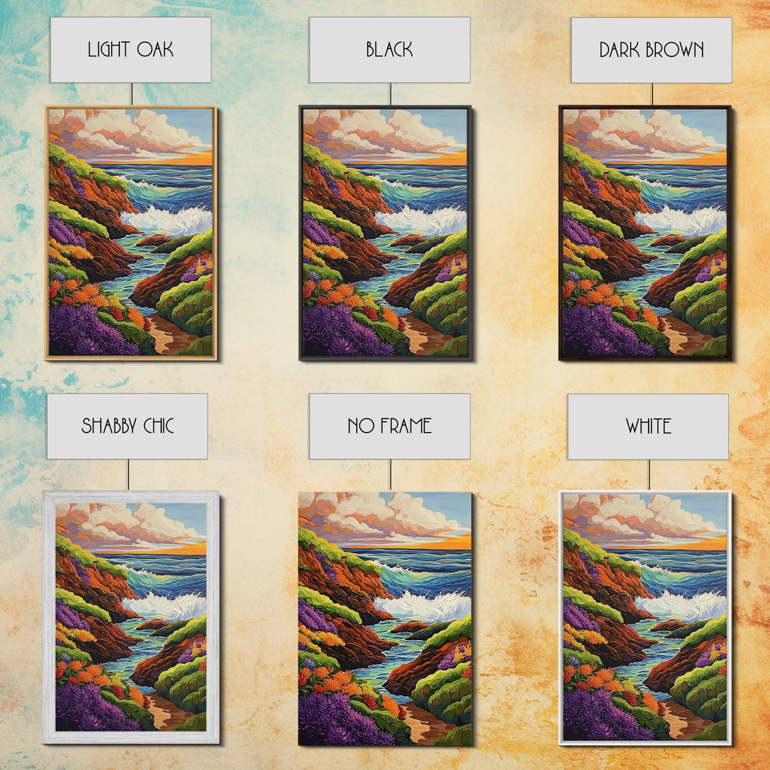 Ocean Cliffs, Wildflowers, Vibrant Coast Framed Canvas Print, Spring Beach Wall Art, Boho Living Room Decor, Bold Coastal Art