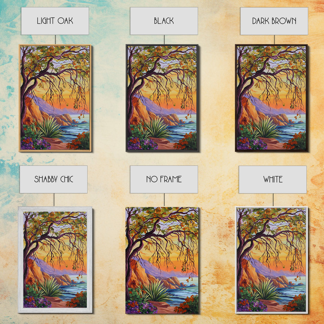 Coastal Tree View, Ocean Cliff Art, Sunset Seascape Painting, Nature Wall Decor, Framed Canvas Print, Hallway Wall Art, beach house art