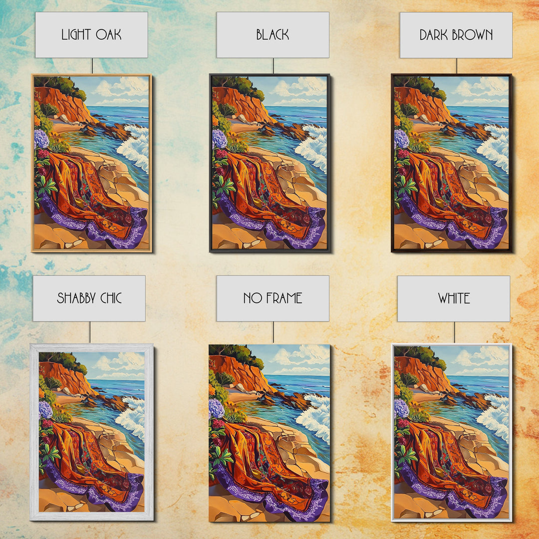 Ocean Blanket, Coast, Framed Canvas Print, Coastal boho art, beach blanket painting, vibrant seashore scene, bedroom wall art, summer vibes