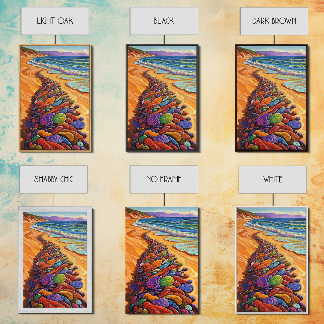 Colorful Rocks, Coastal Art, Vibrant Beach, Framed Canvas Print, nature-inspired painting, whimsical art, Hallway Wall Art