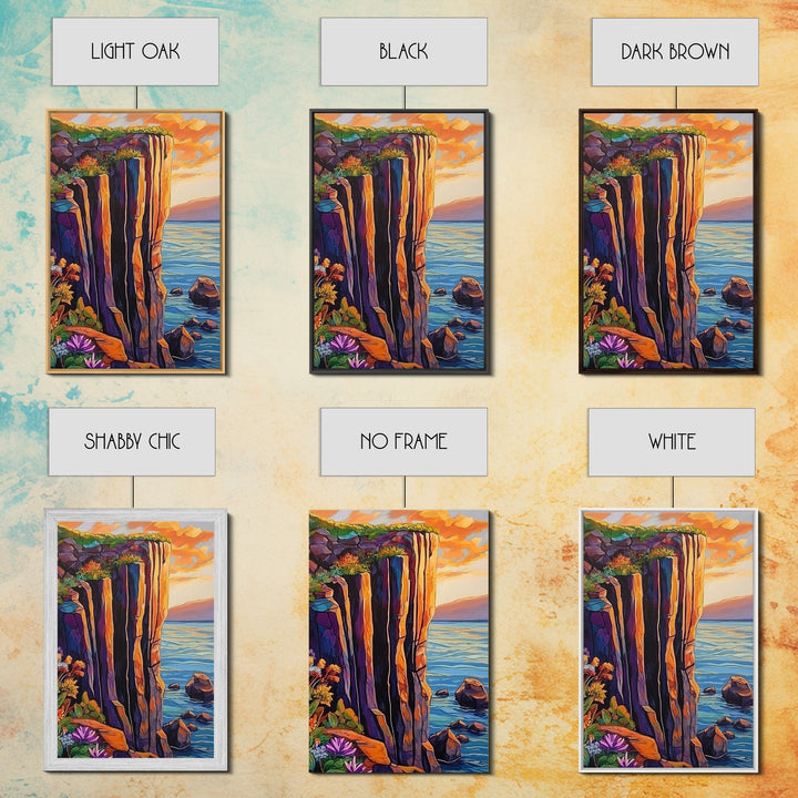 Cliff Sunset, Sea, Canvas Print, Bold coastal wall art, rocky cliff painting, dramatic sunset scene, office or den decor, nature inspired art